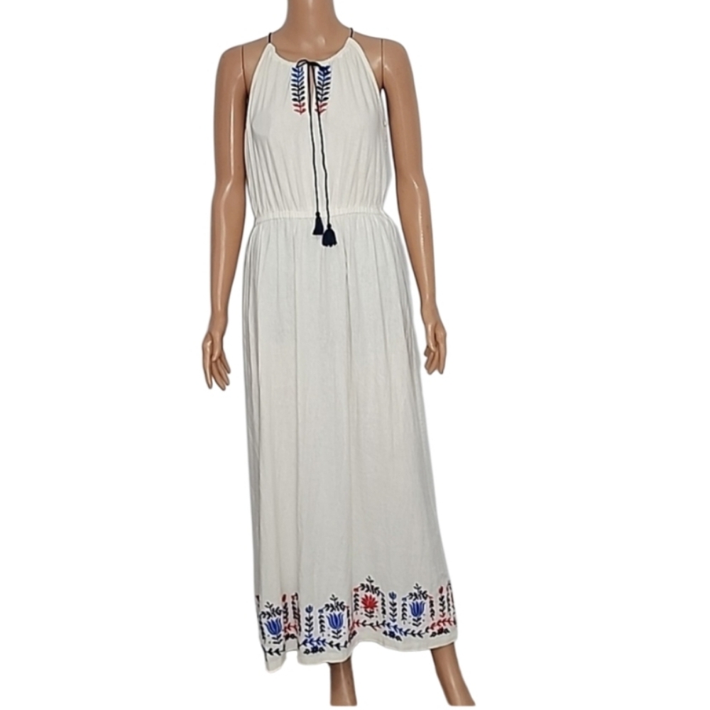 J.Crew Linen‎ Blend Floral Embroidered Ivory Maxi Dress Size M Medium